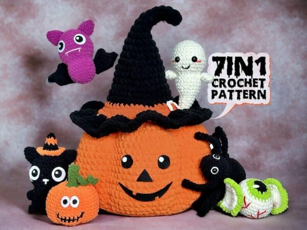 7in1 Halloween s, Halloween Amigurumi , Black Cat, Ghost, Spider, Candyeye Creepy, Bat, Pumpkin Bucket Crochet Pattern PDF