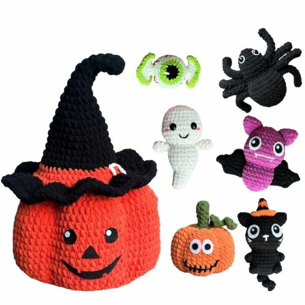 7in1 Halloween s, Halloween Amigurumi , Black Cat, Ghost, Spider, Candyeye Creepy, Bat, Pumpkin Bucket Crochet Pattern PDF