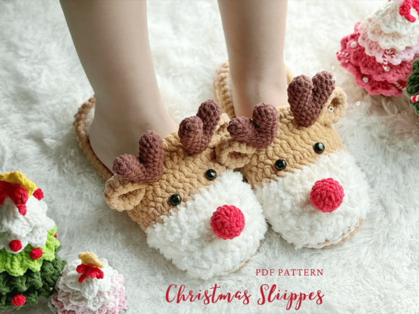 : Christmas Reindeer Slippers , Reindeer , Christmas Amigurumi Slippers  Crochet Pattern PDF