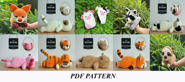 Combo 10 Animals  Pdf, Amigurumi Animals: Fox, Kittie, Cow Squishmallow, Raccoon, Baby Cow, Axolotl, Tiger, Capybara, Red Panda, Sloth s Crochet Pattern PDF