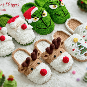 : Combo 4in1 Christmas Slippers , Santa Claus Slippers, Reindeer Slippers, Christmas Tree Slippers, Grinch Slippers s Pdf Crochet Pattern PDF
