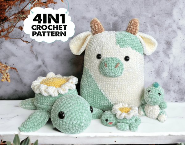 Combo Mint Color 4in1 s: Turtle Amigurumi s, Cow Amigurumi s, Dinosaur Amigurumi s Crochet Pattern PDF