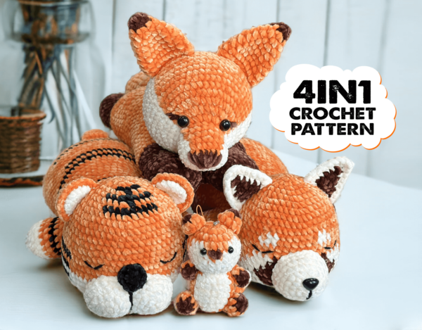 Combo Orange Color 4in1 s: Fox Amigurumi s, Tiger Amigurumi s, Red Panda Amigurumi s Crochet Pattern PDF