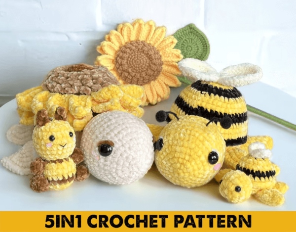 Combo Yellow 6in1 s: Turtle Amigurumi s, Bee Amigurumi s, Sunflower Amigurumi s Crochet Pattern PDF