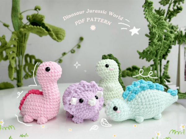 : Crochet Keychain Dinosaur Animal Combo 4 No Sew Pattern, Amigurumi Tyrannosaurus, Triceratops, Brachiosaurus, Stegosaurus s Crochet Pattern PDF