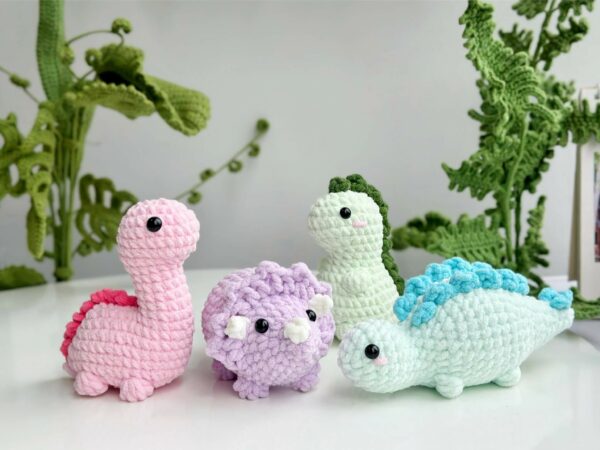 : Crochet Keychain Dinosaur Animal Combo 4 No Sew Pattern, Amigurumi Tyrannosaurus, Triceratops, Brachiosaurus, Stegosaurus s Crochet Pattern PDF