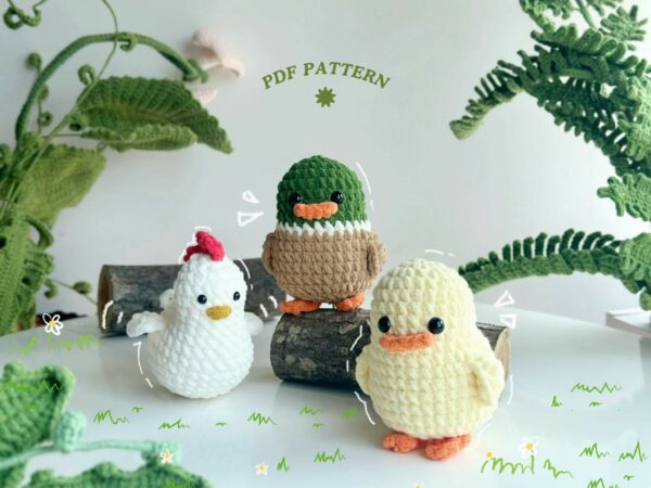 : Crochet Keychain Farmer Animal Combo 3 No Sew Pattern, Amigurumi Rosster, Duck s Crochet Pattern PDF