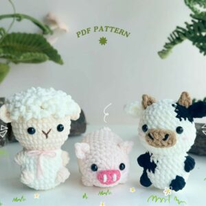 : Crochet Keychain Farmer Animal Combo 3 No Sew Pattern, Amigurumi Sheep, Pig, Cow s Crochet Pattern PDF