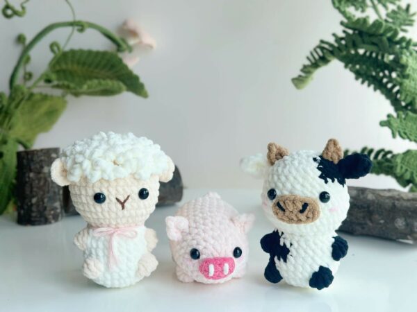 : Crochet Keychain Farmer Animal Combo 3 No Sew Pattern, Amigurumi Sheep, Pig, Cow s Crochet Pattern PDF