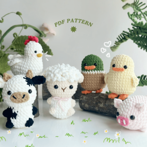 : Crochet Keychain Farmer Animal Combo 6 No Sew Pattern, Amigurumi Sheep, Pig, Cow, Rosster, Duck s Crochet Pattern PDF