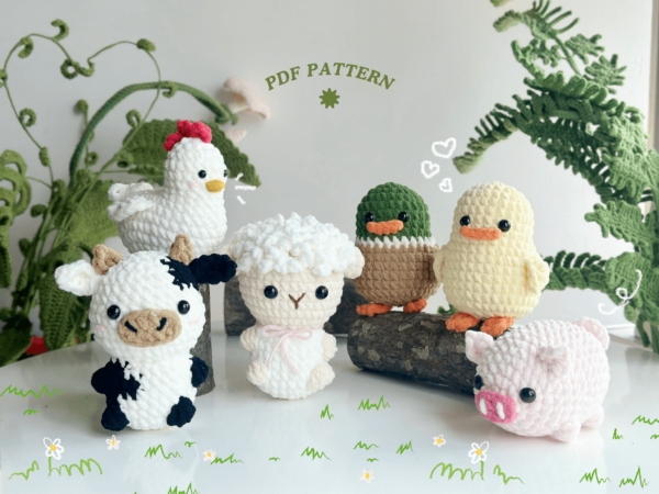 : Crochet Keychain Farmer Animal Combo 6 No Sew Pattern, Amigurumi Sheep, Pig, Cow, Rosster, Duck s Crochet Pattern PDF