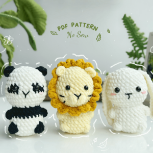 : Crochet Keychain Zoo Animal Combo3 No Sew Pattern, Amigurumi Panda, Lion, Bunny s Crochet Pattern PDF