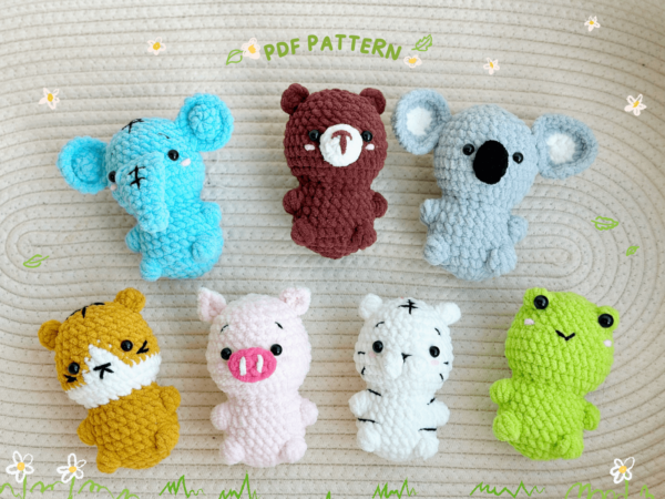 Keychain: 7in1 Amigurumi Crochet Keychain, Elephant Crochet, Teddy Crochet, Piggy Crochet, Koala Crochet, Kitty Crochet, White Tiger Crochet, Frog Crochet Crochet Pattern PDF
