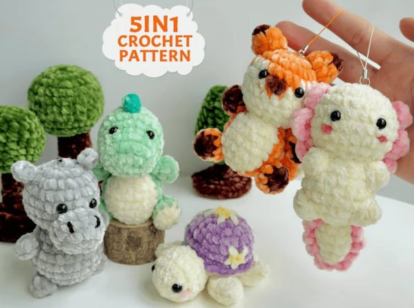 Keychain, Amigurumi  Keychain, Turtle Crochet, Hippo Crochet, Fox Crochet, Axolotl Crochet, Dinosaur Crochet Crochet Pattern PDF